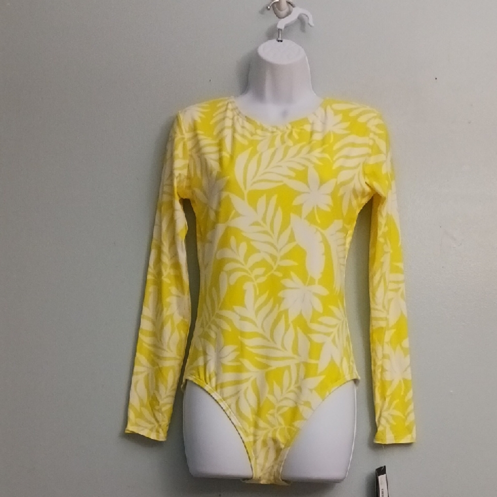 Kate Spade size Medium women's long sleeve swimsuit in bright yellow and white.
